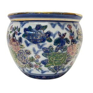 Vintage Blue & White Floral Ceramic Cachepot Planter with Gilt Details